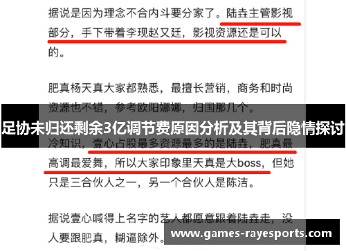 足协未归还剩余3亿调节费原因分析及其背后隐情探讨