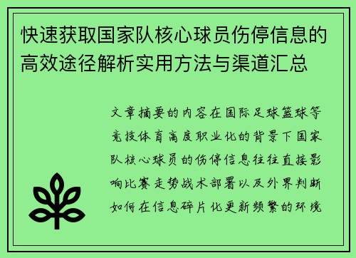 快速获取国家队核心球员伤停信息的高效途径解析实用方法与渠道汇总